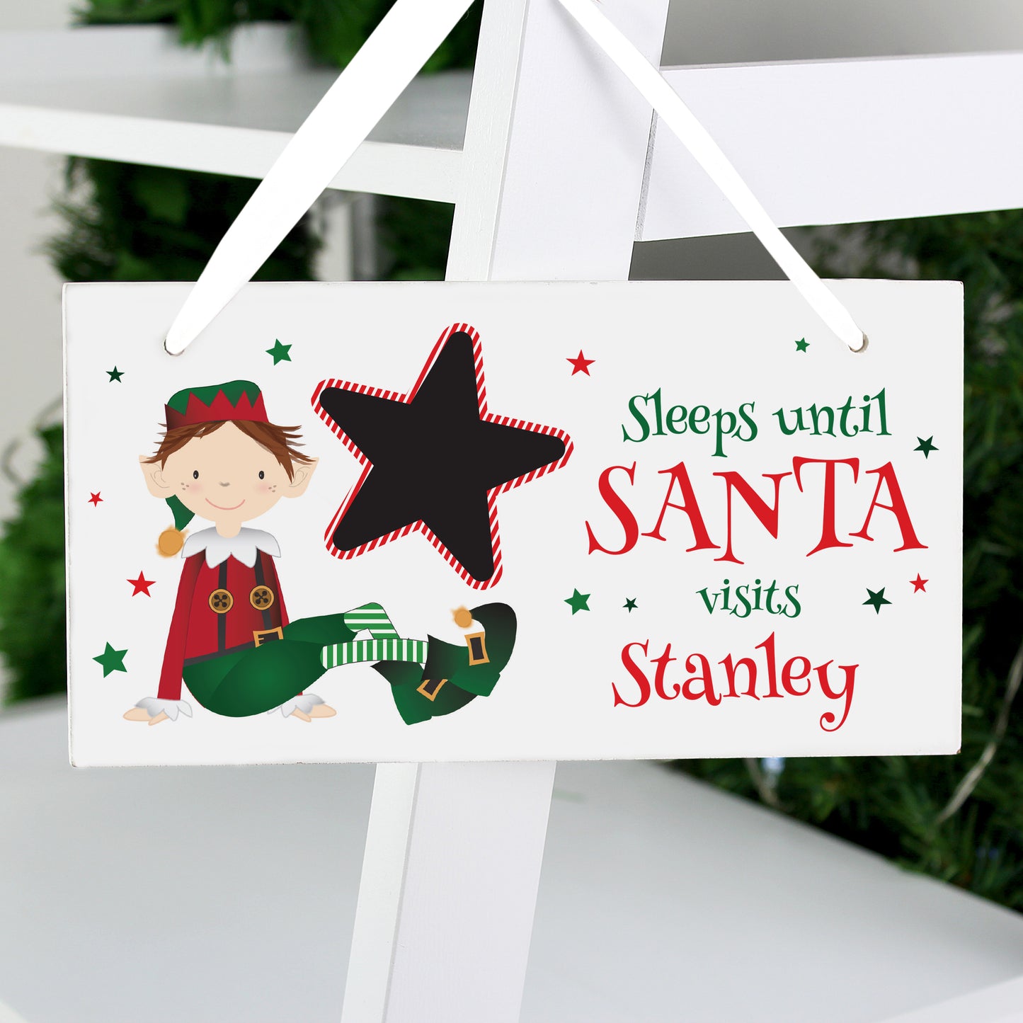 Personalised Elf Christmas Chalk Countdown Wooden Sign