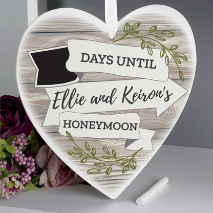 Personalised White Arrow Banner Chalk Countdown Wooden Heart Decoration