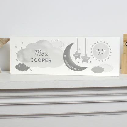 Personalised New Baby Moon & Stars Wooden Block Nursery Sign