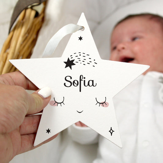 Personalised Baby Moon Wooden Star Decoration