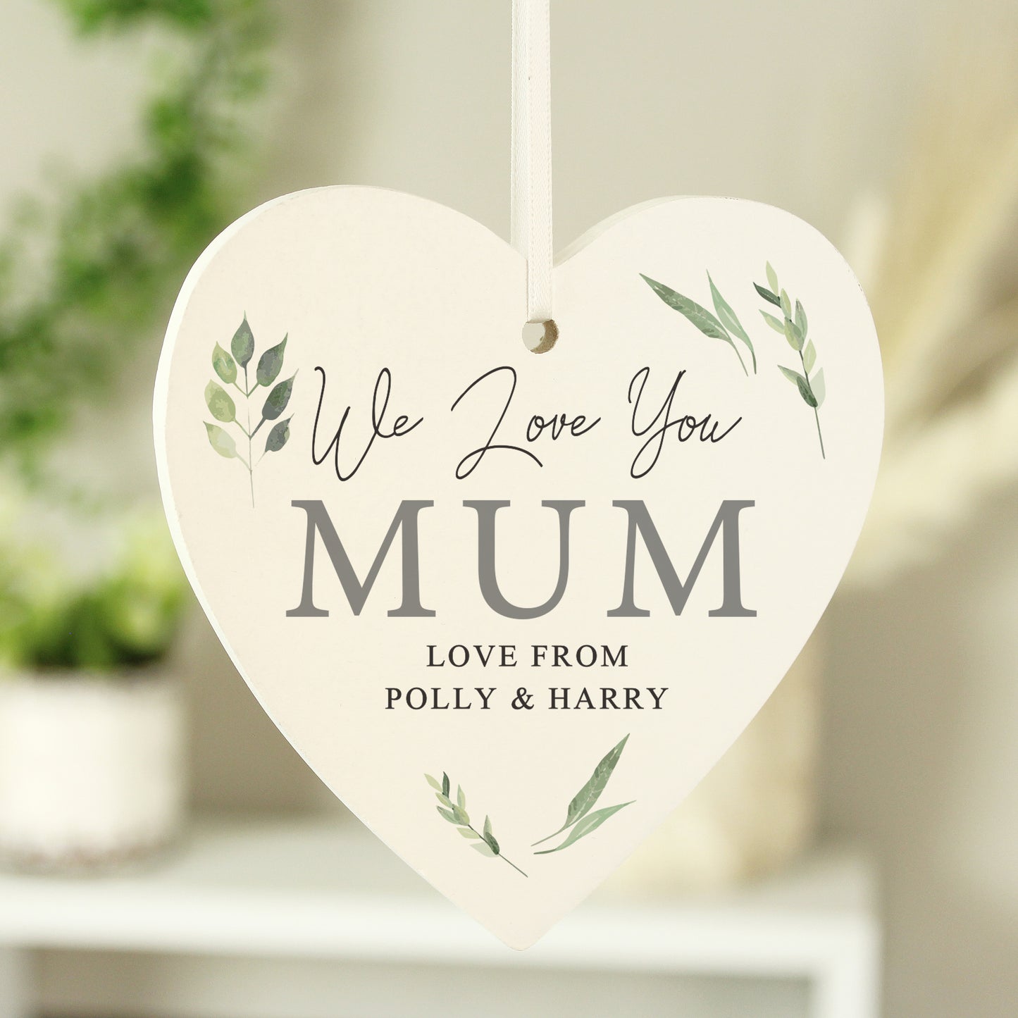 Personalised Botanical Script Wooden Heart Decoration