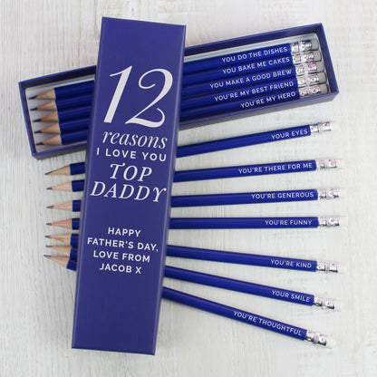 Personalised 12 Reasons Box and 12 Blue HB Pencils