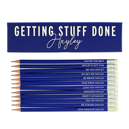 Personalised Getting Stuff Done Box and 12 Blue HB Pencils