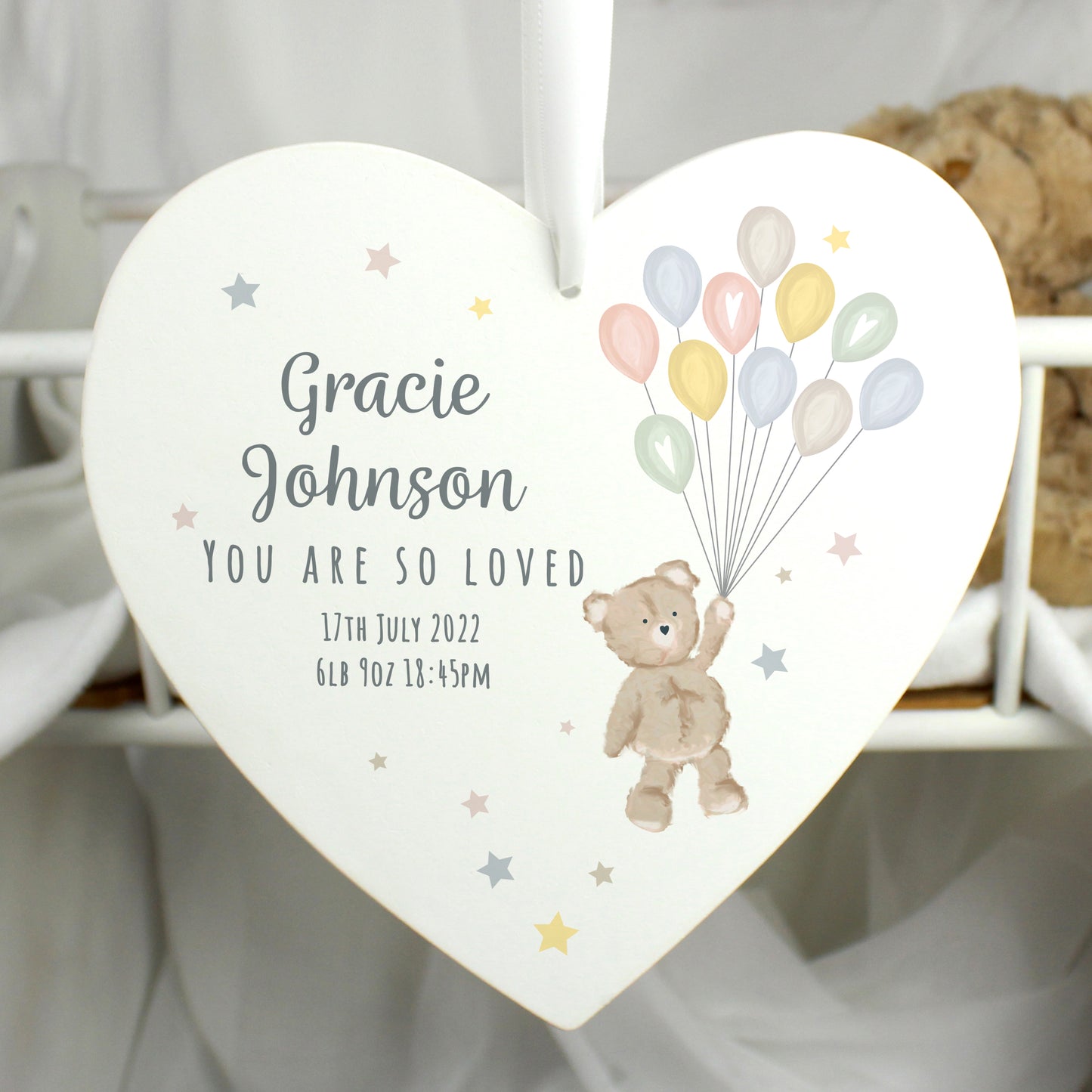 Personalised Teddy & Balloons White Wooden Heart