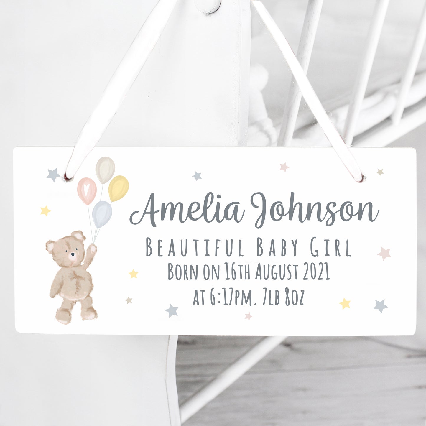 Personalised Teddy & Balloons White Wooden Sign