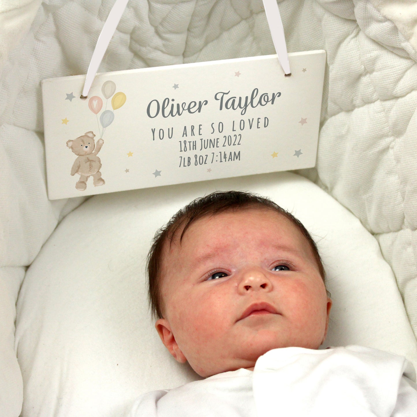 Personalised Teddy & Balloons White Wooden Sign