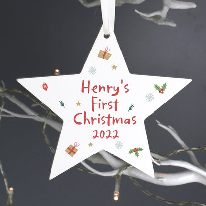 Personalised First Christmas Wooden Star Decoration