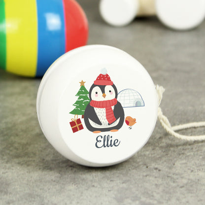 Personalised Christmas Penguin White Wooden Yoyo