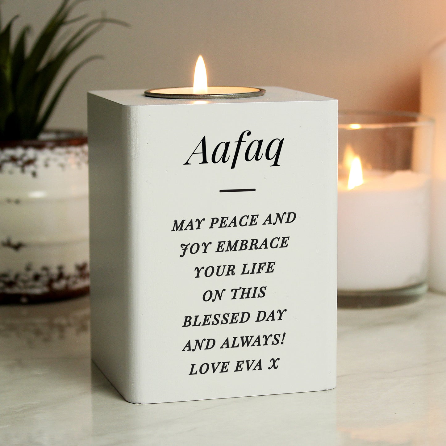 Personalised Free Text White Wooden Tea light Holder