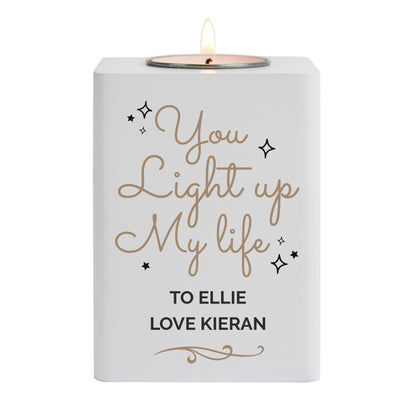 Personalised Light Up My Life White Wooden Tea light Holder