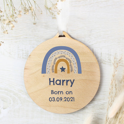 Personalised Blue Rainbow Round Wooden Decoration