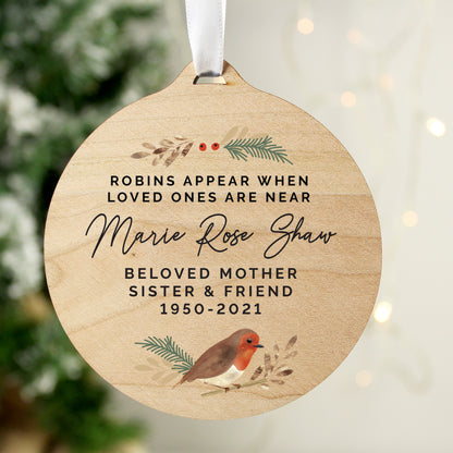 Personalised Robin Memorial Round Wooden Decoration