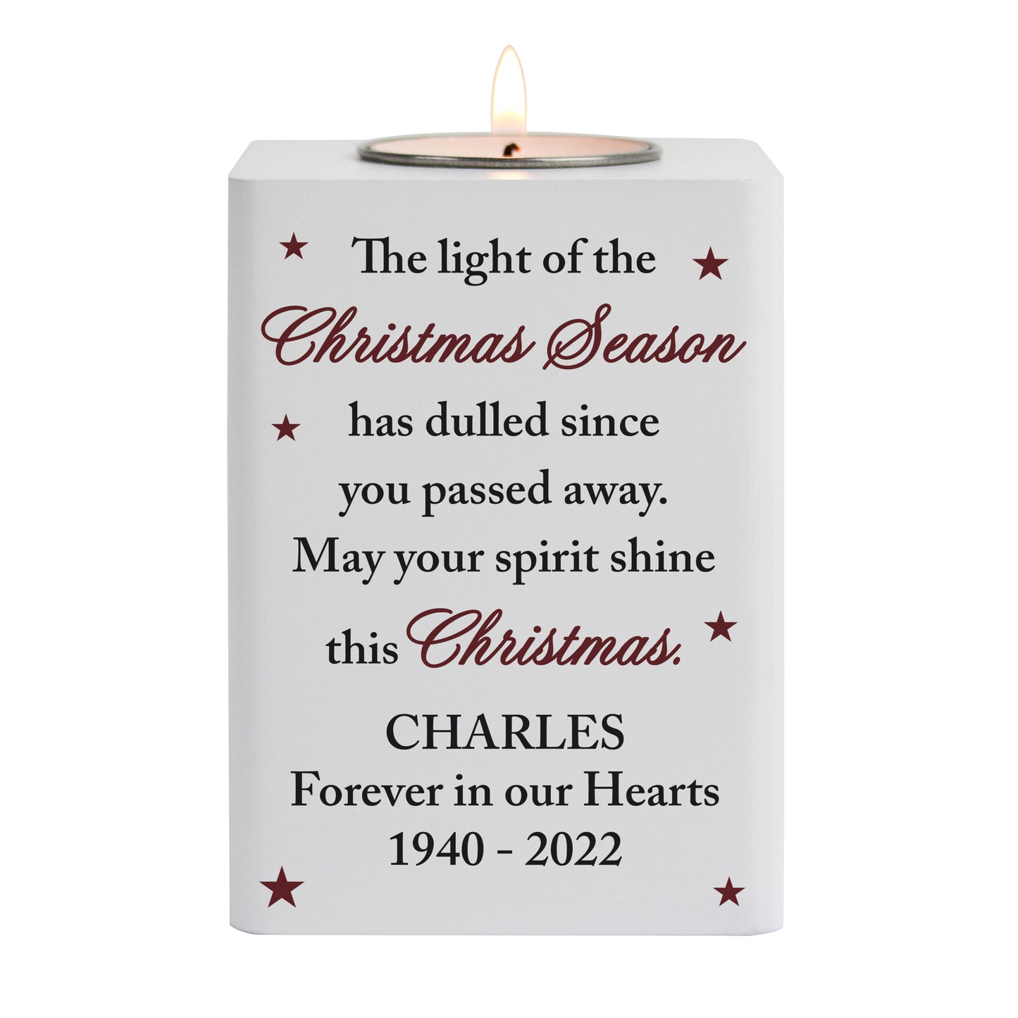 Personalised Christmas Season Memorial Wooden Tealight Holder