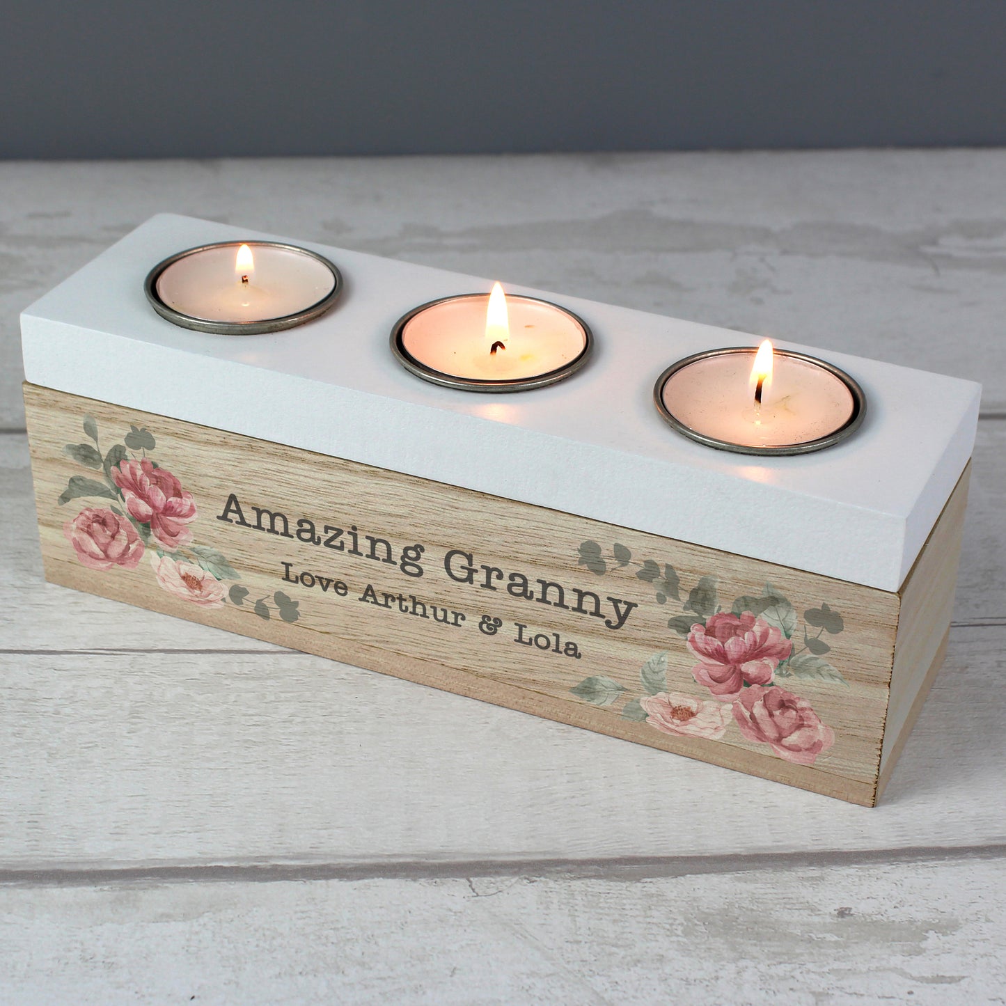 Personalised Floral Watercolour Triple Tealight Box