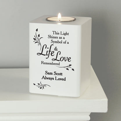 Personalised Life & Love White Wooden Tea Light Holder