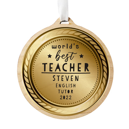 Personalised Worlds Best Teacher Round Wooden Medal