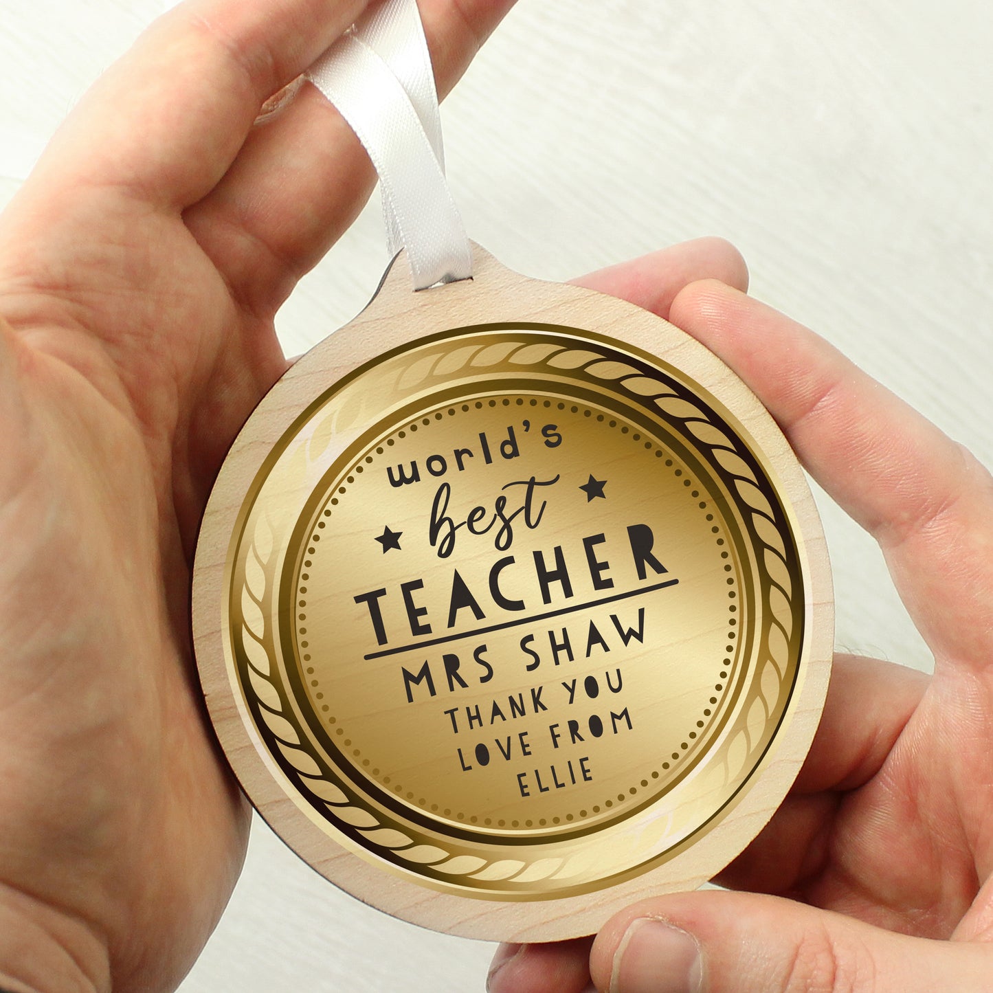 Personalised Worlds Best Teacher Round Wooden Medal
