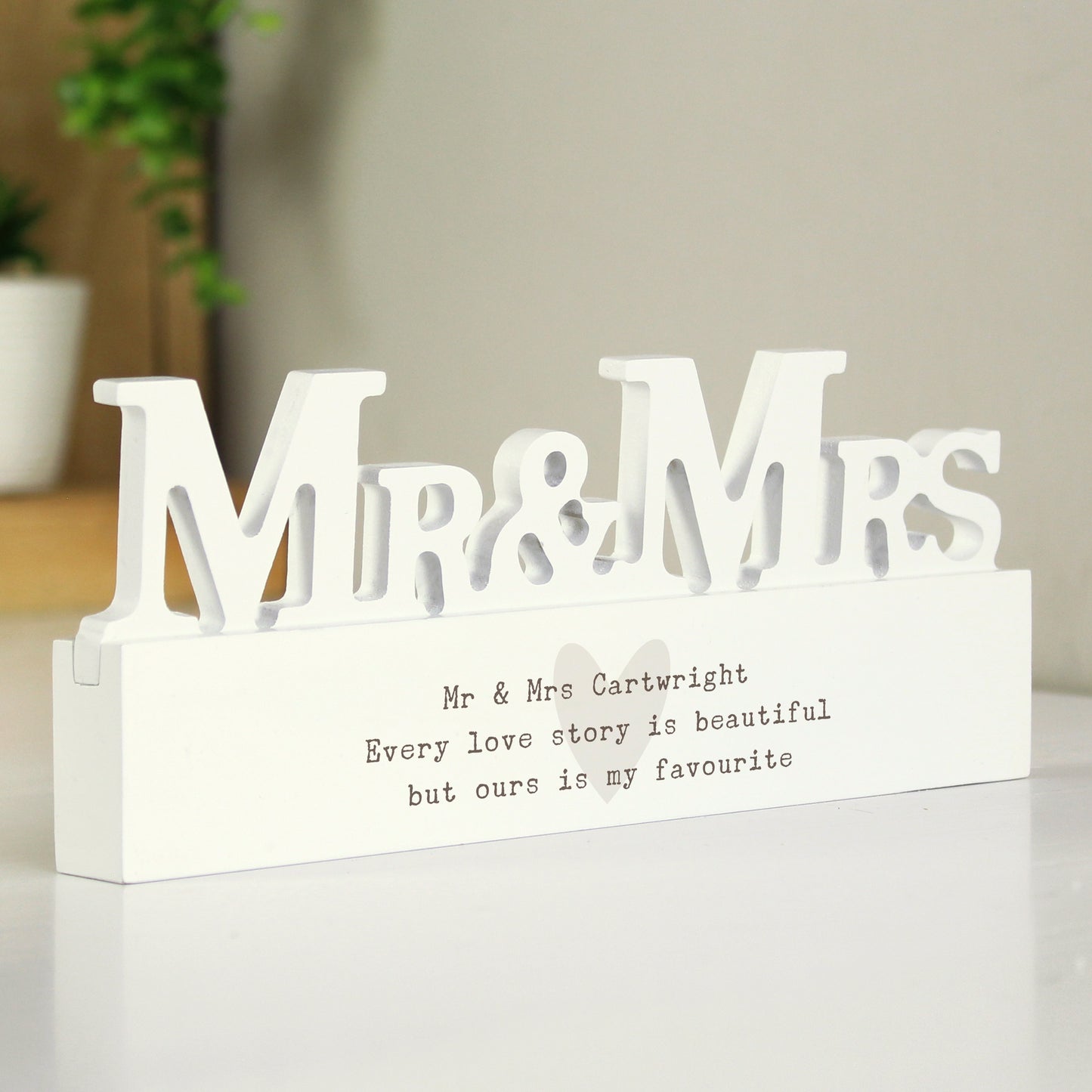 Personalised Free Text Heart Wooden Mr & Mrs Ornament