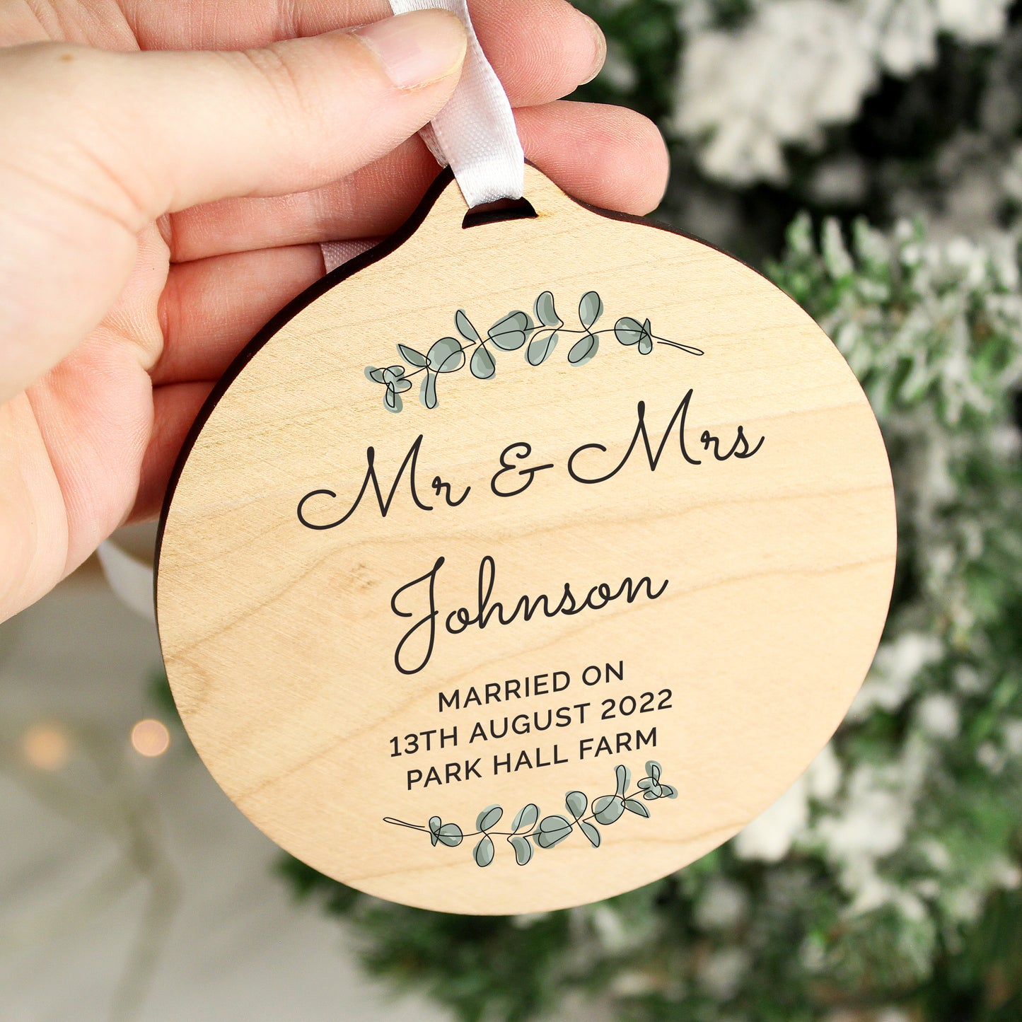 Personalised Botanical Round Wooden Decoration