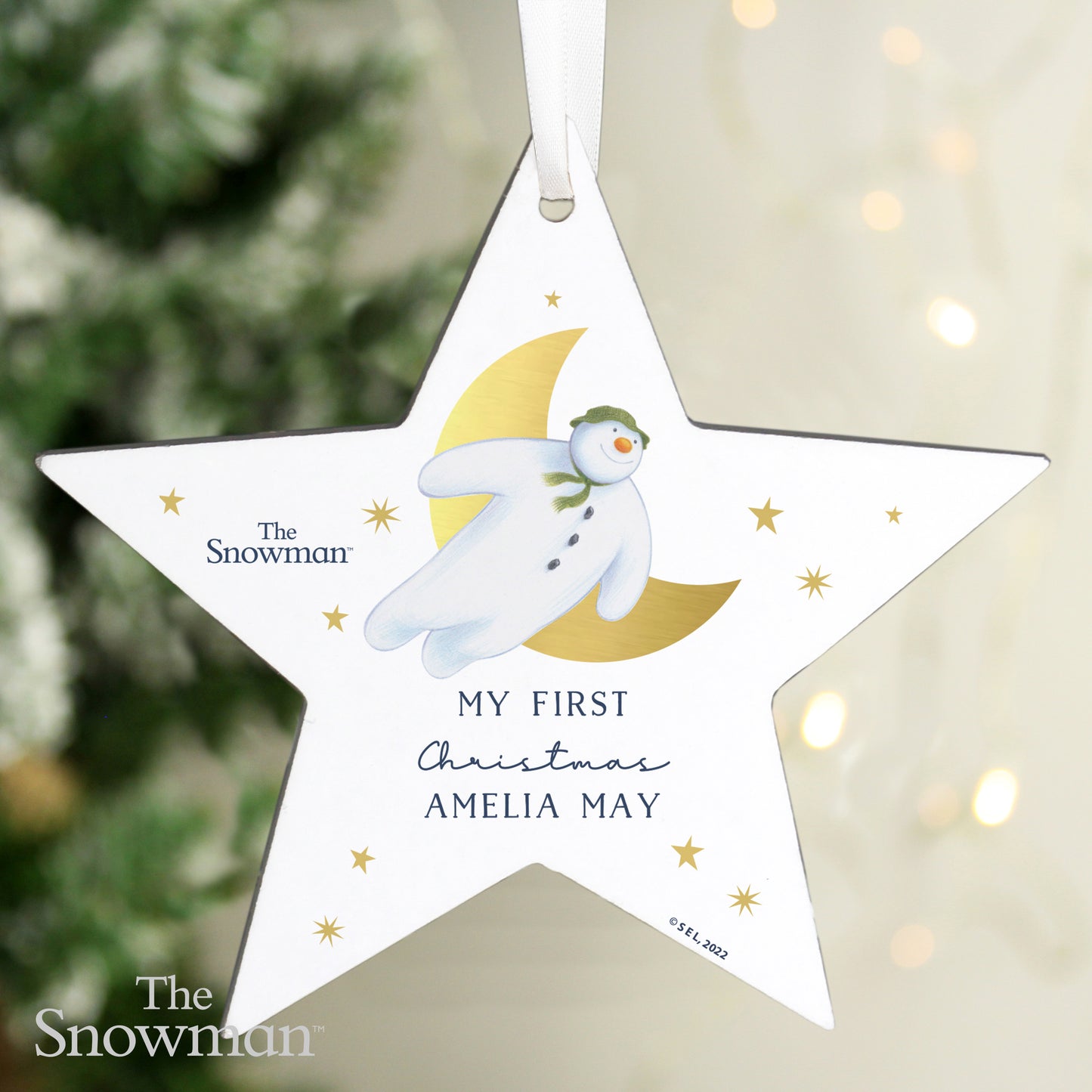 Personalised The Snowman Gold Moon Wooden Star Decoration