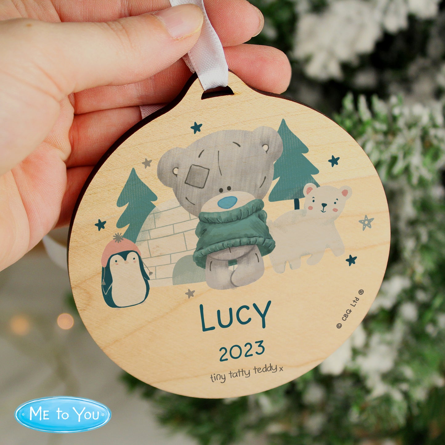 Personalised Winter Explorer Tiny Tatty Teddy Round Wooden Decoration