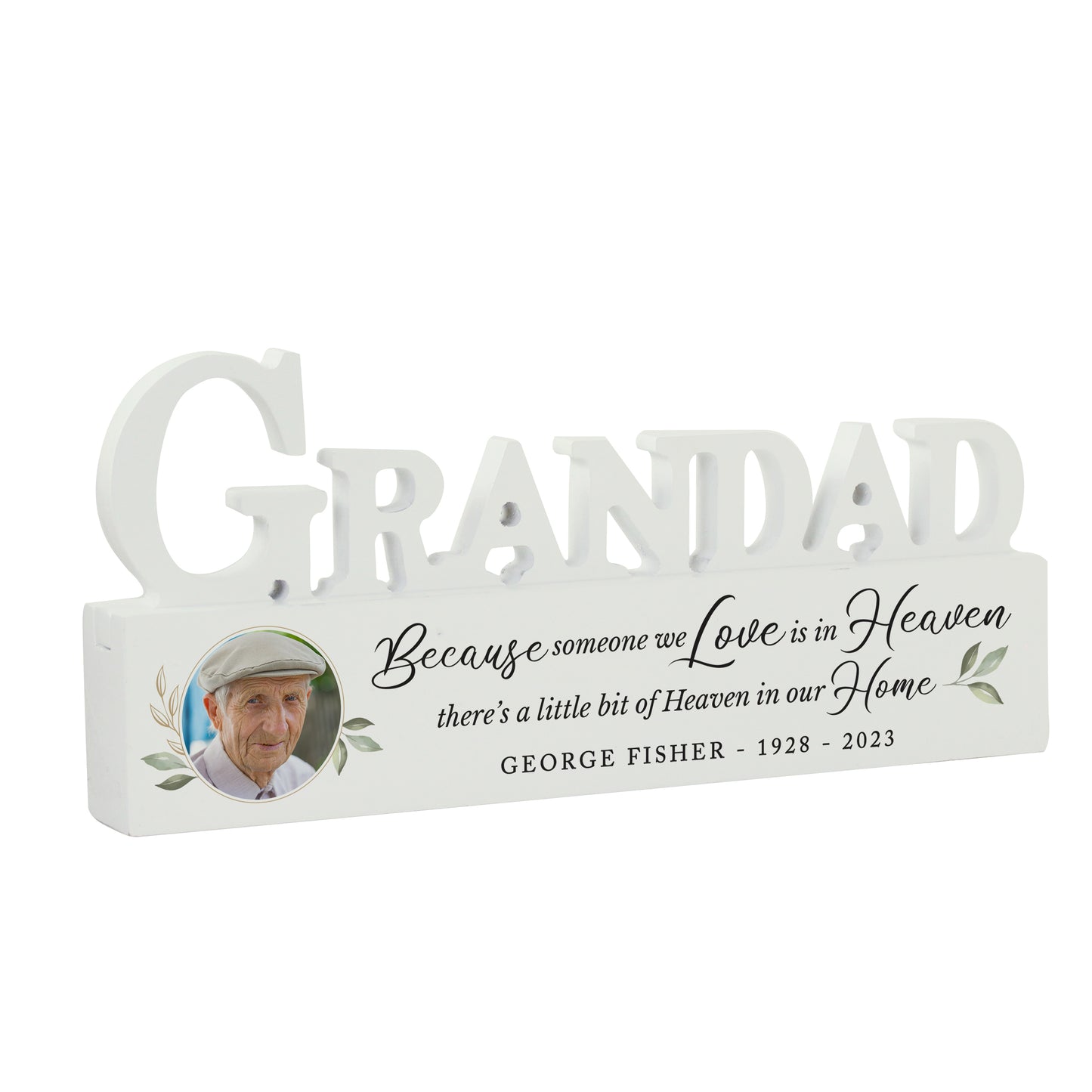 Personalised Botanical Memorial Photo Upload Wooden Grandad Ornament