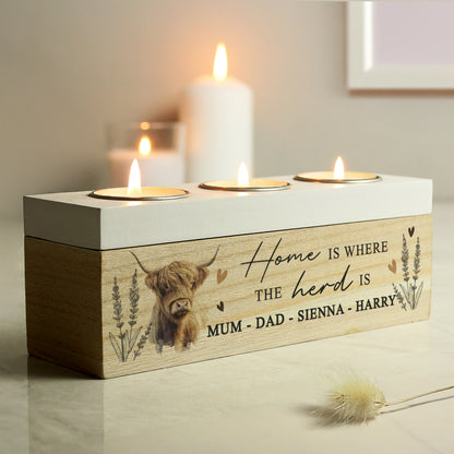 Personalised Highland Cow Triple Tea Light Box