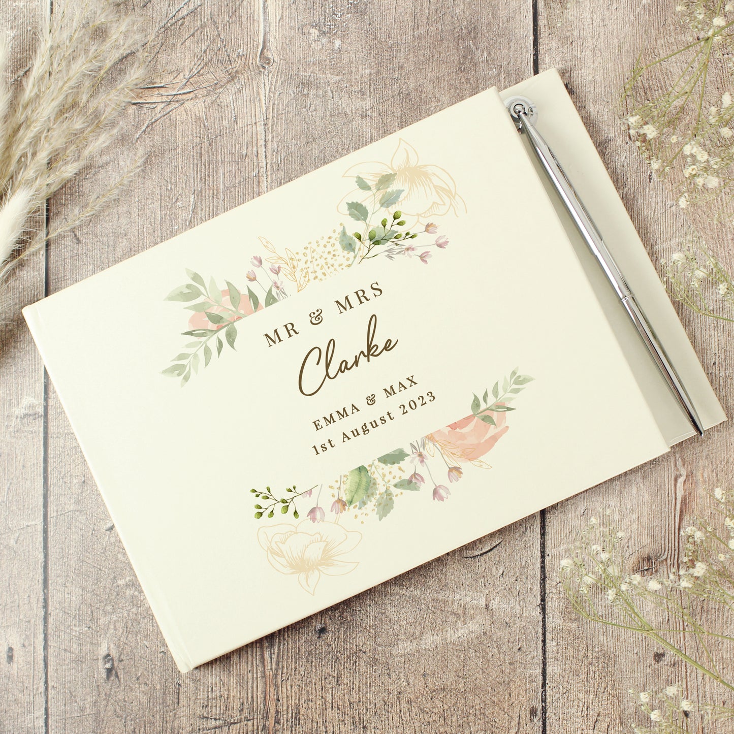 Personalised Floral Watercolour Hardback Guest Book & Pen