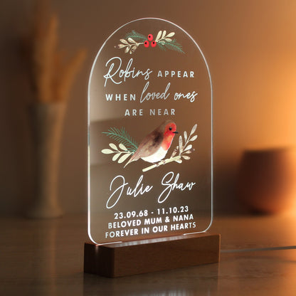 Personalised Robins Appear Wooden Based LED Light