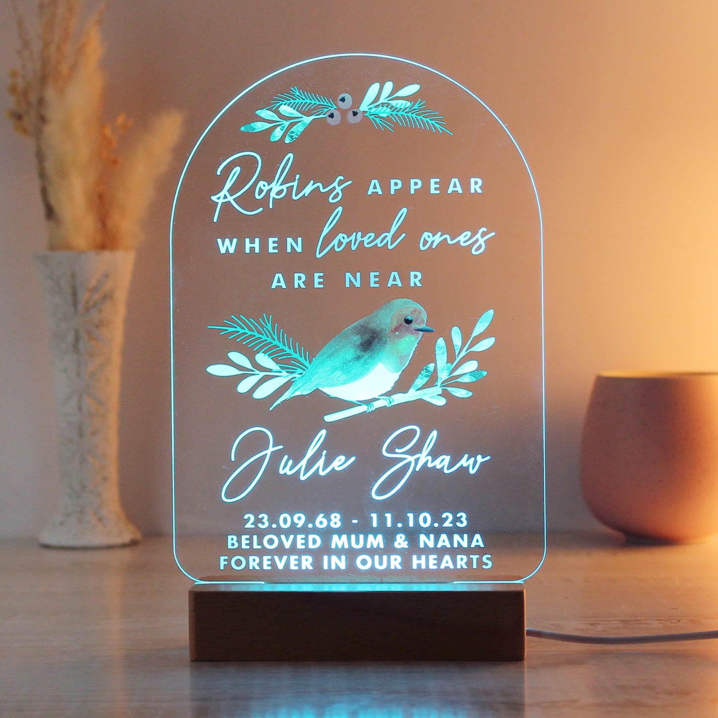 Personalised Robins Appear Wooden Based LED Light