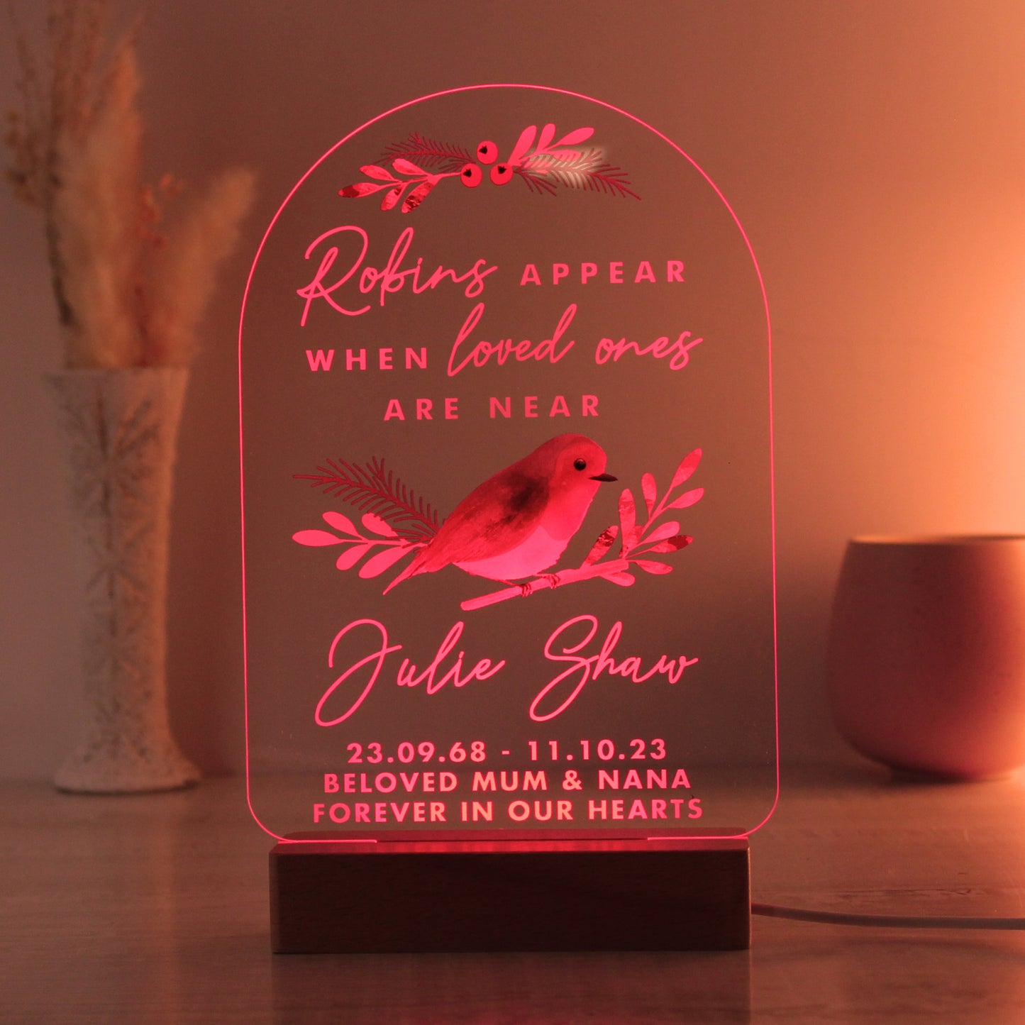 Personalised Robins Appear Wooden Based LED Light