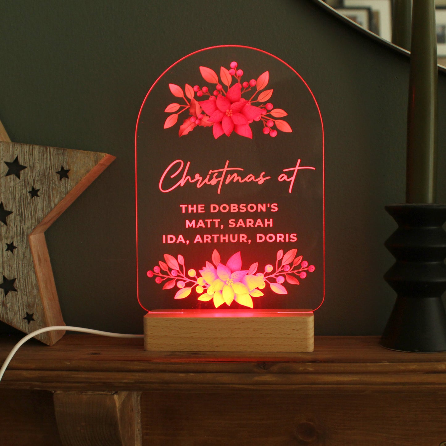 Personalised Christmas Poinsettia Wooden Based LED Light