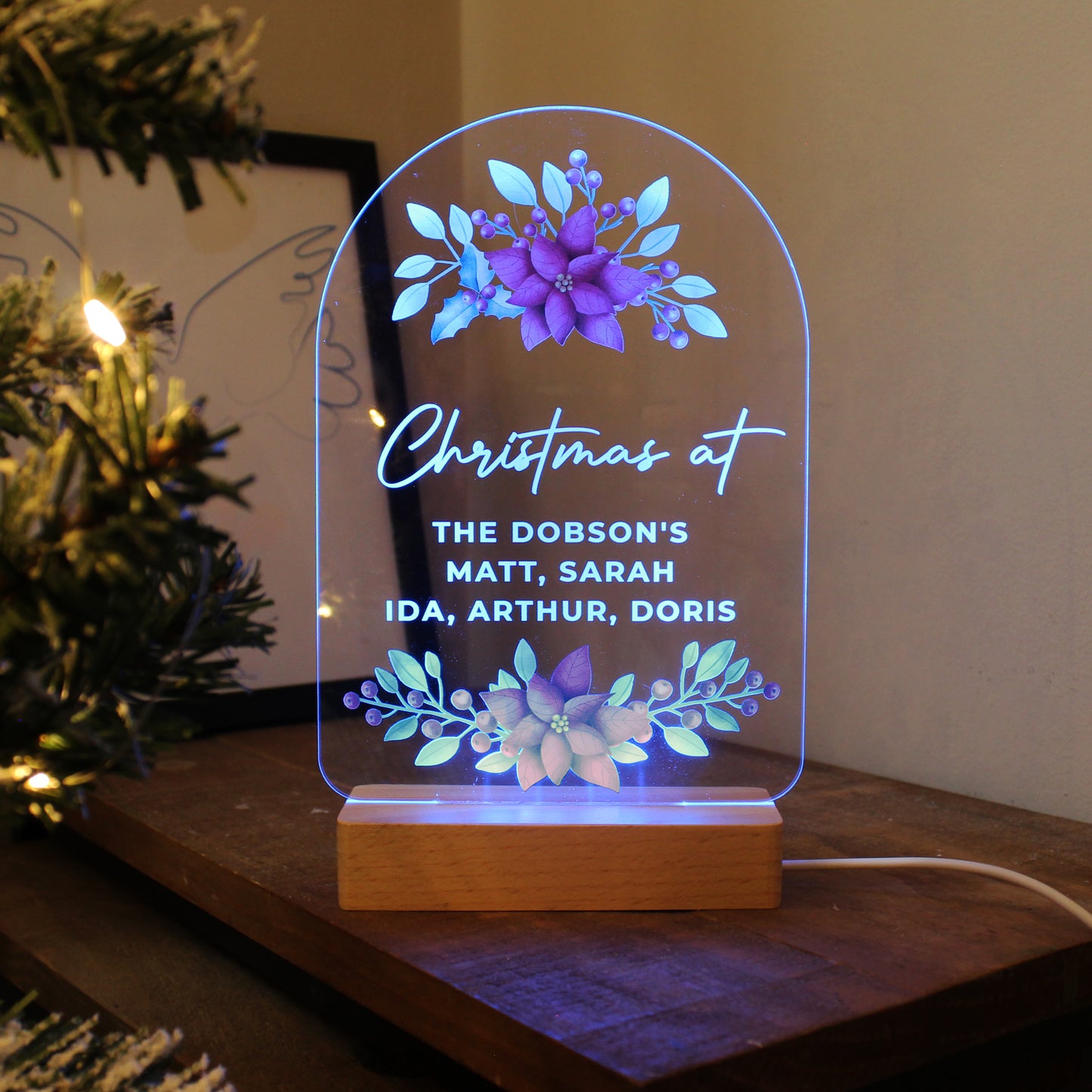 Personalised Christmas Poinsettia Wooden Based LED Light