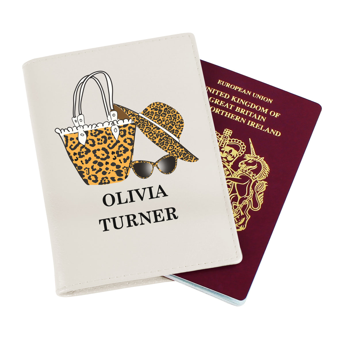 Personalised Leopard Print Cream Leather Passport Holder