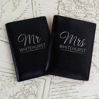 Personalised Mr & Mrs Black Leather Passport Holders