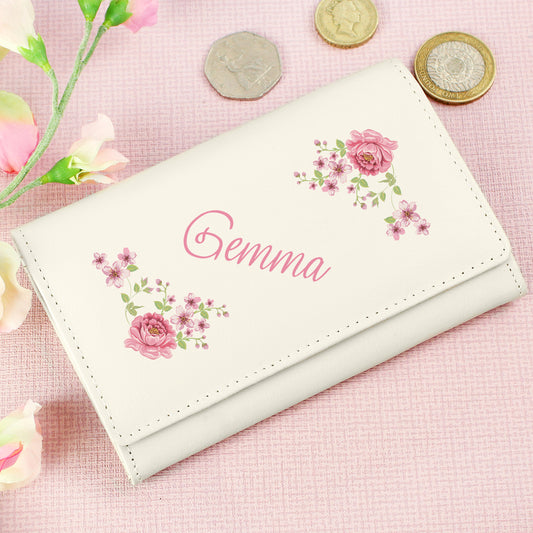 Personalised Floral Cream Leather Purse