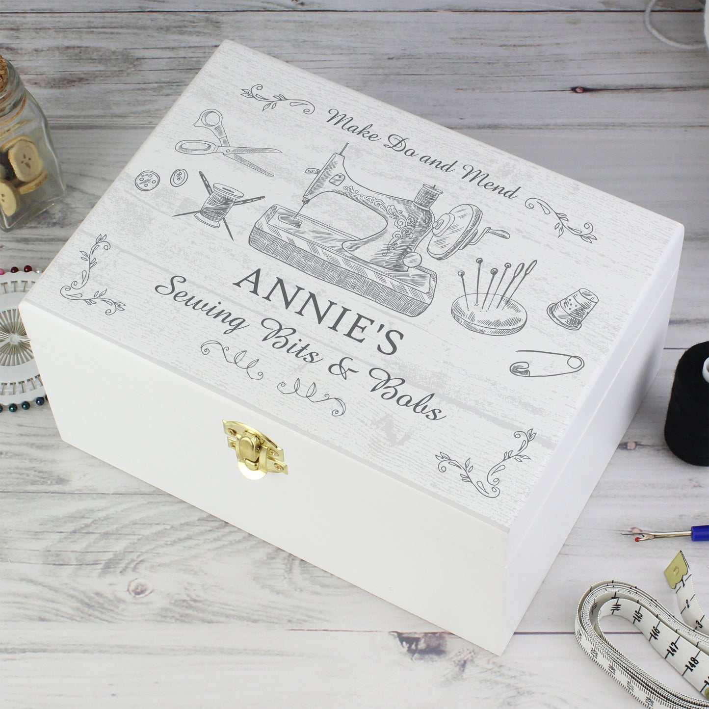 Personalised Sewing Kit White Wooden Keepsake Box