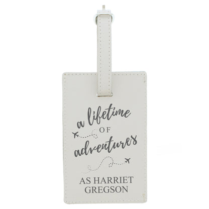 Personalised Lifetime of Adventures Cream Leather Luggage Tag