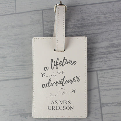 Personalised Lifetime of Adventures Cream Leather Luggage Tag