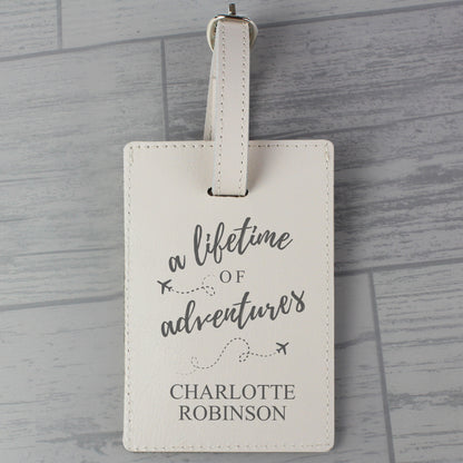 Personalised Lifetime of Adventures Cream Leather Luggage Tag