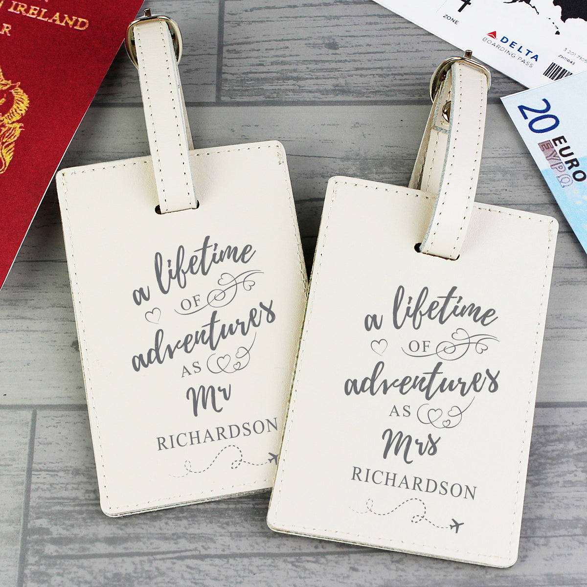 Personalised Lifetime of Adventures Couples Leather Luggage Tags