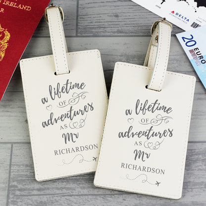 Personalised Lifetime of Adventures Couples Leather Luggage Tags