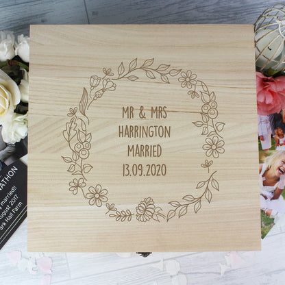 Personalised Floral Wreath Large Wooden Keepsake Box