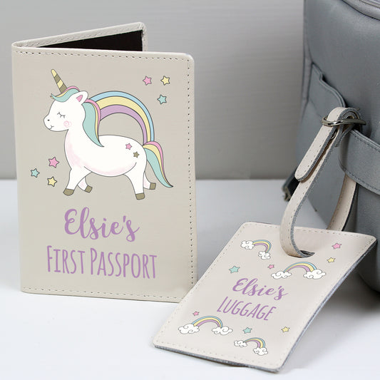 Personalised Baby Unicorn Cream Leather Passport Holder & Luggage Tag Set