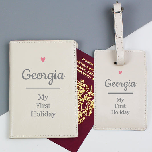 Personalised Pink Heart Cream Passport Holder & Luggage Tag Set