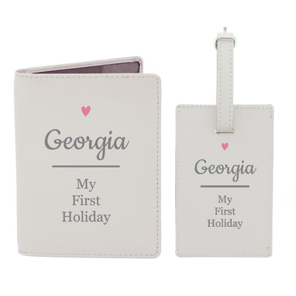 Personalised Pink Heart Cream Leather Passport Holder & Luggage Tag Set