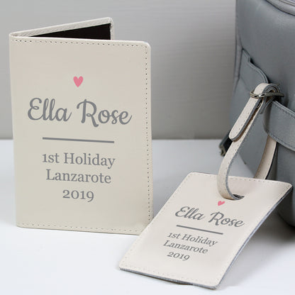 Personalised Pink Heart Cream Leather Passport Holder & Luggage Tag Set