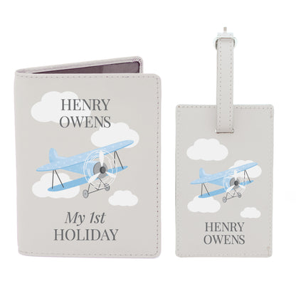 Personalised Blue Plane Passport Holder & Luggage Tag Set