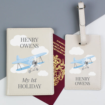 Personalised Blue Plane Passport Holder & Luggage Tag Set