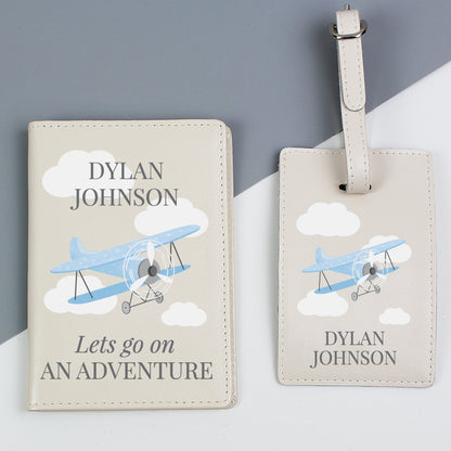 Personalised Blue Plane Passport Holder & Luggage Tag Set